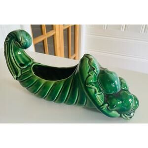 Vintage Green Horn of Plenty Cornucopia Planter 1960s 1970s Pottery Flower Pot
